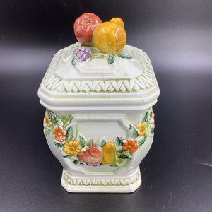 Vintage Lefton Ceramic Raised Fruit Fantasia 6.25" Canister Jar With Lid 6721
